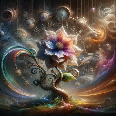The primary subject of the image is a flower, which is the main object, scene, or focus of the image. The setting/background features a clock, which is an unusual element in a flower-themed image. The visual style of the image is digital art, as it is a digital painting. The dominant colors in the image are pink and purple, creating a warm and inviting atmosphere.
